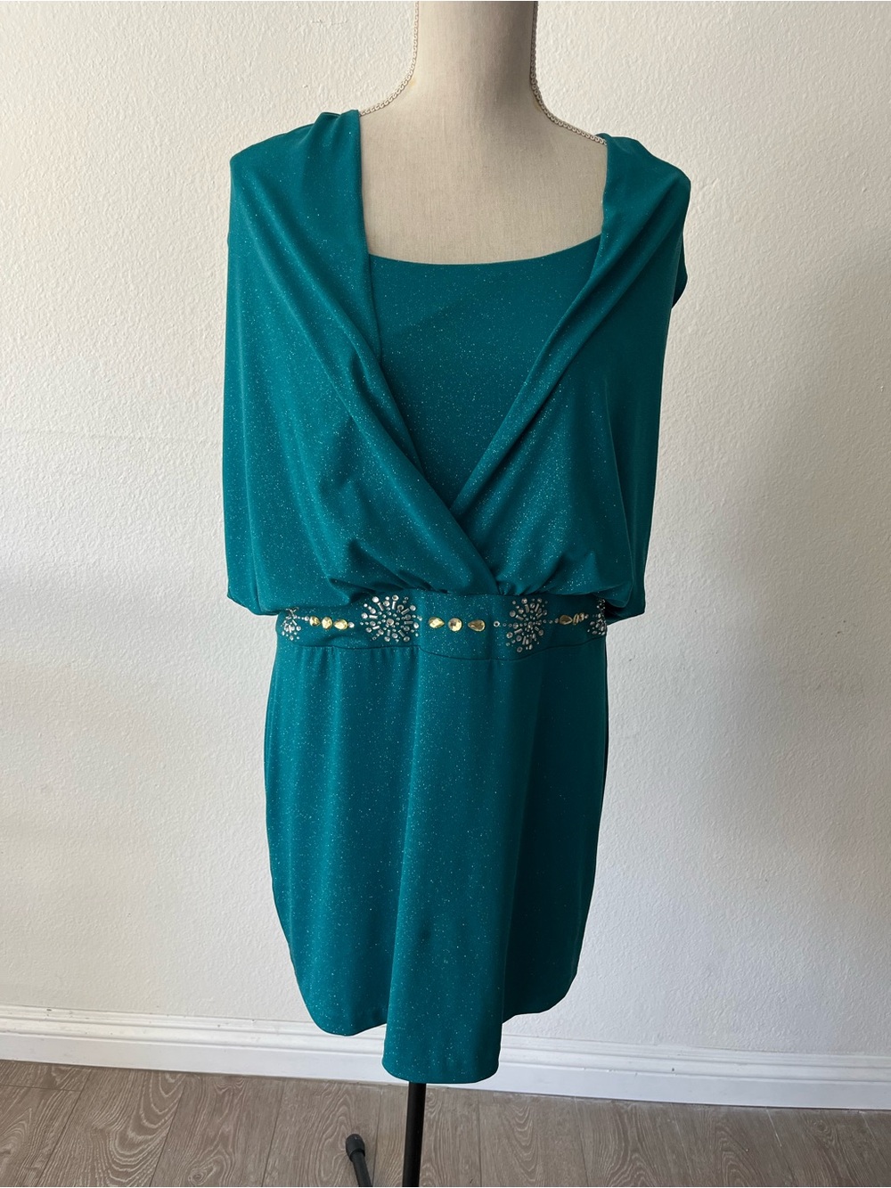 Betsy & Adam Teal Sparkle Jeweled Waist Mini Dress